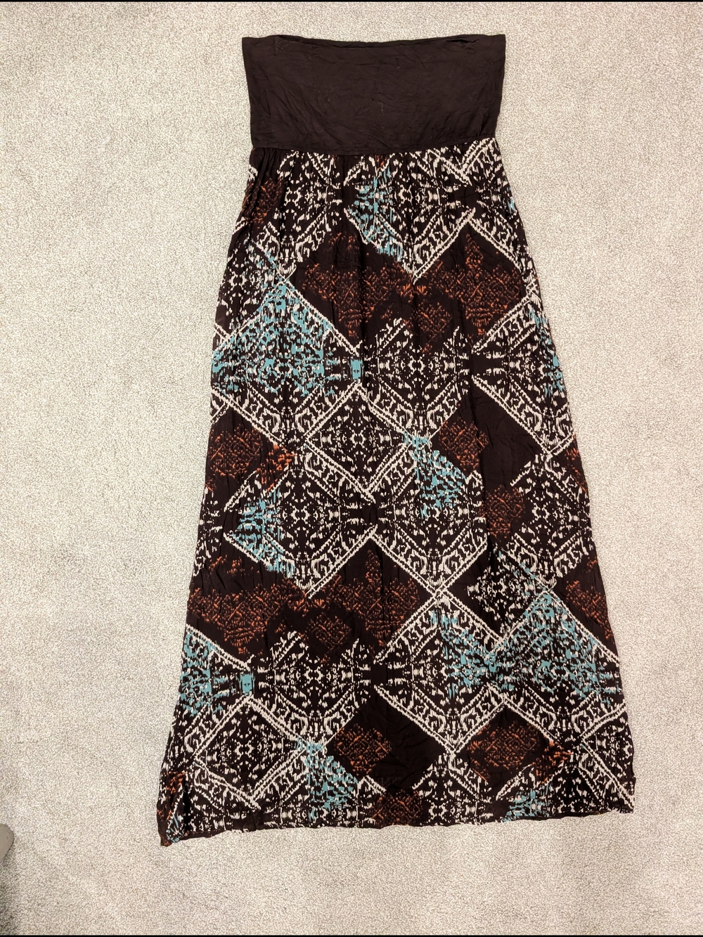Fold over Maxi Skirt - Black with Teal & Brown Pattern